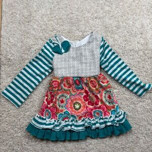 Counting Daisies Toddler Girl Dress 3T Striped‎ Floral Ruffle Long Sleeve